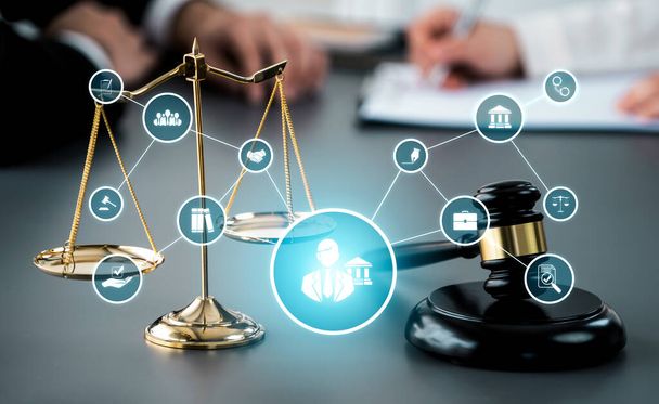 Droit intelligent, icônes de conseils juridiques et outils de travail des avocats dans le cabinet d'avocats montrant le concept de droit numérique et de technologie en ligne de la loi et de la réglementation astucieuses . - Photo, image