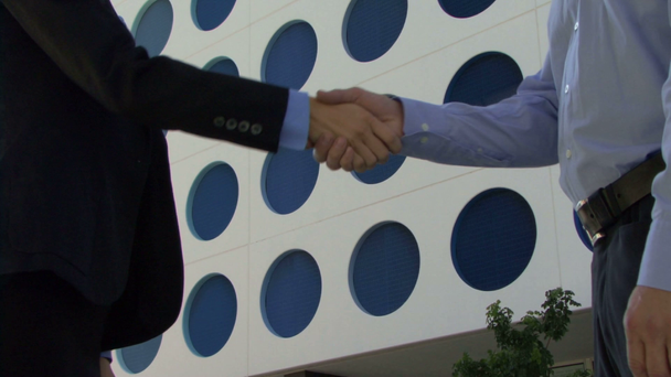 Male and female greeting with handshake - Video