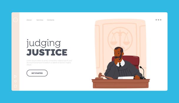 Κρίνοντας πρότυπο Landing Justice Page. Σκεπτόμενος τον ανδρικό χαρακτήρα του δικαστή να κάθεται στο γραφείο, να συλλογίζεται σε ένα δικαστήριο, λαμβάνοντας υπόψη τα στοιχεία και να παίρνει αποφάσεις. Γελοιογραφία Άνθρωποι Εικονογράφηση διάνυσμα - Διάνυσμα, εικόνα