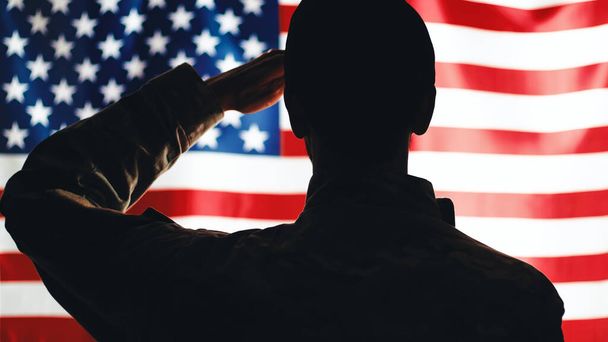 Soldier with Usa Flag On background - Photo, Image