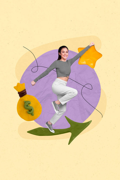 Vertical artwork sketch image collage of happy smiling girl run achieve success dream more money isolated on drawing beige background. - Фото, изображение