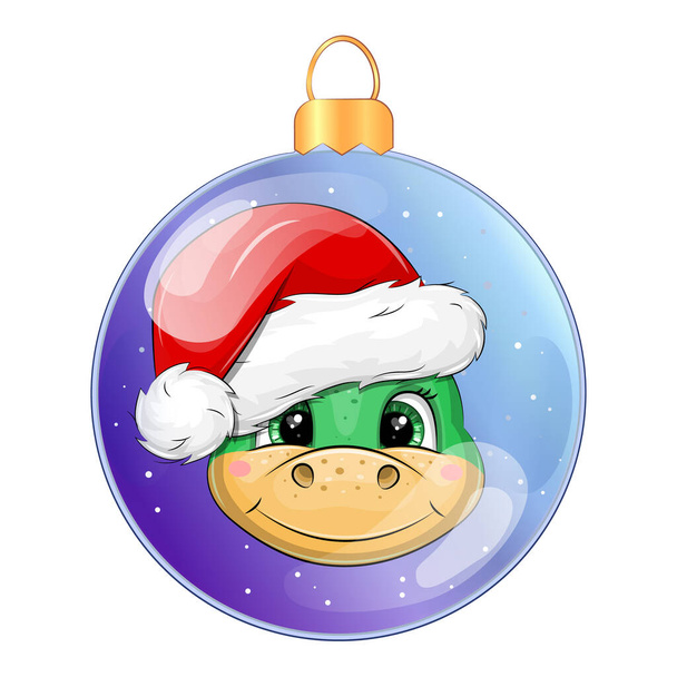 Christmas ball with cartoon green dragon in Santa's hat. Vector illustration on white background. - Vector, Image