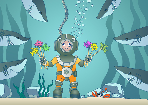 少年ダイバーや水中のサメ - ベクター画像