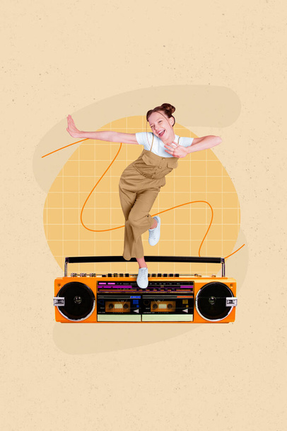 Picture artwork sketch collage of cheerful cute girl have fun celebrate summer holidays enjoy good mood stand on big tape recorder. - Foto, Imagen