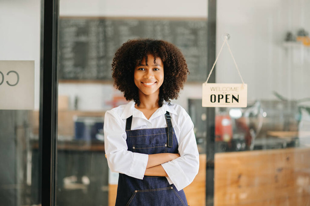 Startup successful small business owner  woman stand   in cafe  - Fotó, kép