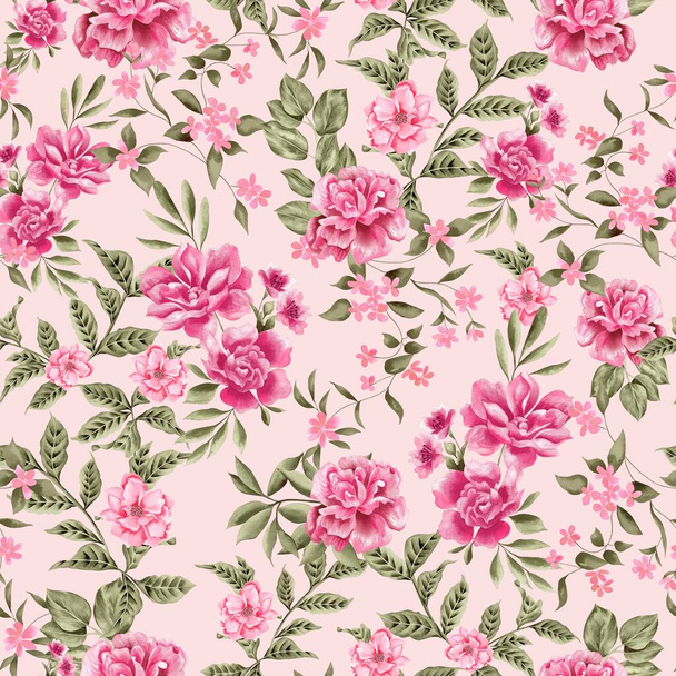 Watercolor flowers pattern, pink tropical elements, green leaves, pink background, seamless - Fotoğraf, Görsel