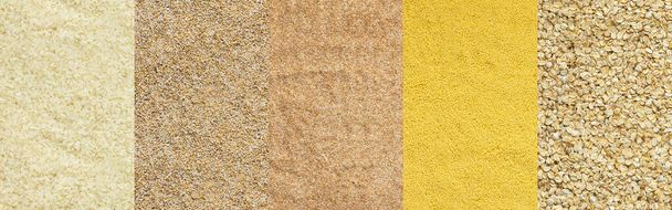 Bannière céréalière à grains variés, vue de dessus, grains de riz blanc et de blé, couscous et avoine - Photo, image