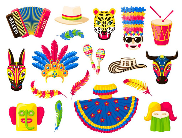 Baranquillaカーニバルの休日、お祝いのためのアイテムの絶縁ベクトルセット。動物のマスク、ドレス、衣装、羽、王冠、マラカス、アコーディオン、ドラムと帽子。伝統的な民俗祭りの漫画のアイコン - ベクター画像