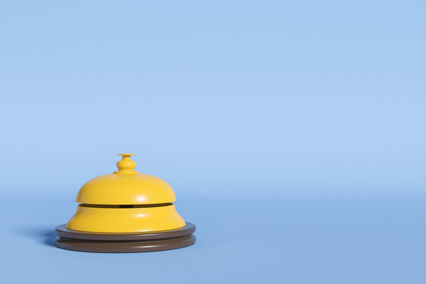 Golden reception bell on light blue background. Concept of hotel and service. 3D rendering - Foto, afbeelding