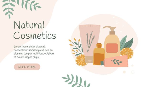 Přírodní kosmetické výrobky přistávací stránce. Krém na obličej, zkumavky, láhve a listí. Vektorová ilustrace - Vektor, obrázek