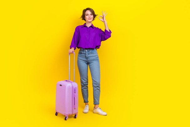 Full length photo of sweet cool lady wear violet shirt showing okey holding baggage isolated yellow color background. - Photo, image