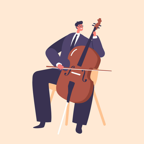 Talentovaná klasická muzikantská mužská postava předvádí své mistrovství violoncella na jevišti, zaujme diváky svým melodickým a emotivním vystoupením. Vektorová ilustrace kreslených osob - Vektor, obrázek