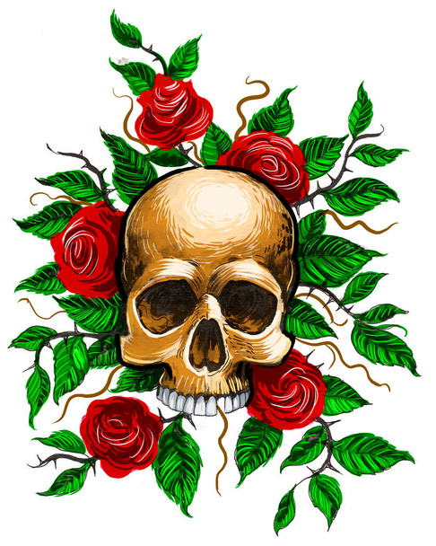Emberi koponya és vörös rózsák. Kézzel húzott tinta, papír és kézzel festett tabletta - Fotó, kép