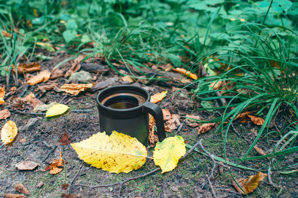 Tourist cup of coffee in the forest among the leaves on ground - Foto, Imagem