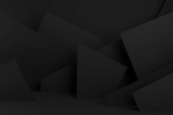 Modern dark black stage mockup with abstract geometric pattern of corners, edges and triangles as relief for presentation cosmetic products, goods, advertising, design in simple urban graphic style. - Photo, Image