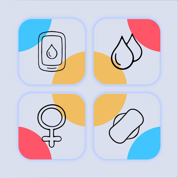 Zbiór ikon wektorowych reprezentujących menstruację, zawierających różne symbole i ilustracje związane ze zdrowiem i higieną menstruacyjną. Styl neomorfizmu. Ikona linii wektorowej - Wektor, obraz