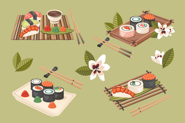 Ensemble de plats asiatiques traditionnels isolés. Sushi maki nigiri japonais au poisson, crevettes, fruits de mer. Plat national gros plan avec baguettes, plateau en bois. Concept de cuisine. Illustration vectorielle plate pour menu - Vecteur, image