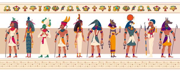Eski Mısır tanrıları ve tanrıçaları. Mısır mitolojisinin düz karakterleri, efsanevi Kahire heykelleri. Ra, Bastet, Maat, Thoth, Anubis ve Geb beyaz arka planda izole edilmiş dini sembollerle. - Vektör, Görsel