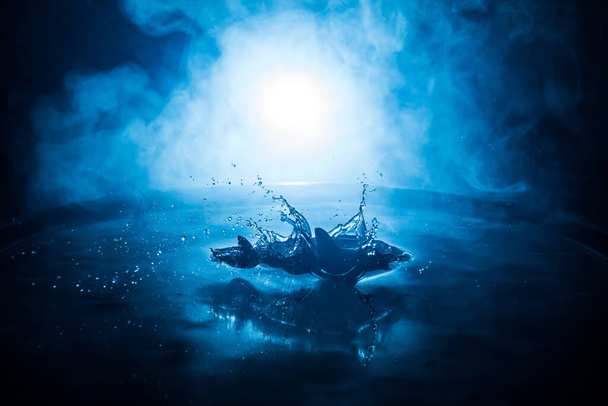 Concepto abstracto. Silueta de pez (tiburón) saltando sobre el agua por la noche. Salpicadura de agua en el fondo de niebla oscura. Enfoque selectivo. - Foto, Imagen