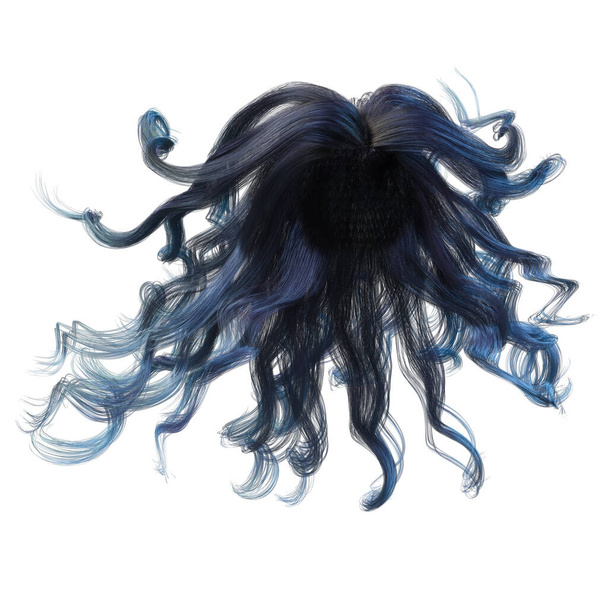Azul Windblown longo ondulado cabelo no fundo branco isolado, ilustração 3D, 3D Rendering - Foto, Imagem