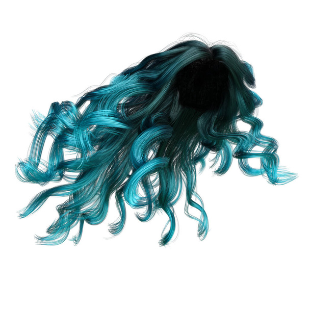 Tyrkysové větrem foukané dlouhé vlnité vlasy na izolovaném bílém pozadí, 3D ilustrace, 3D vykreslování - Fotografie, Obrázek