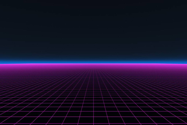 Red 3D púrpura de los años 80 con brillo atmosférico y estrellas. - Foto, imagen