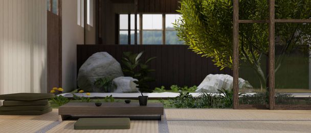 内庭付きの美しい和禅のリビングルームスタイルのインテリアデザイン、畳の上の木製の茶テーブルとクッション。3Dレンダリング、 3Dイラスト - 写真・画像