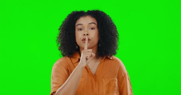 Green screen, face and secret woman for finger on lips, privacy and mystery of noise in studio. Portrait of female model, silence and shush for quiet, gossip or whisper emoji of confidential surprise. - Filmati, video