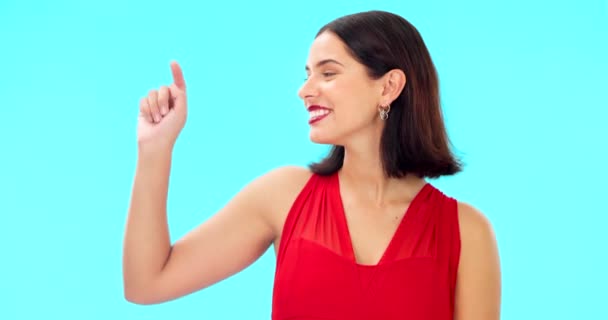 Woman, pointing and studio steps with how to and smile showing mockup for explaining process. Portrait, isolated and blue background with a happy female point to show mock up advice and instructions. - Materiaali, video