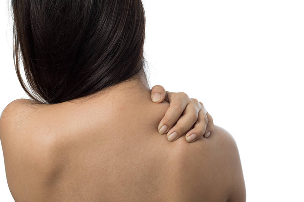 白い背景で孤立した肩の痛みを持つ女性 - 写真・画像