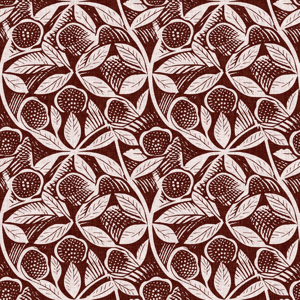 motif sans couture en lin imprimé floral de campagne rouge marron. Impression Allover de coton intérieur chalet français effet fleur tissu fond - Photo, image