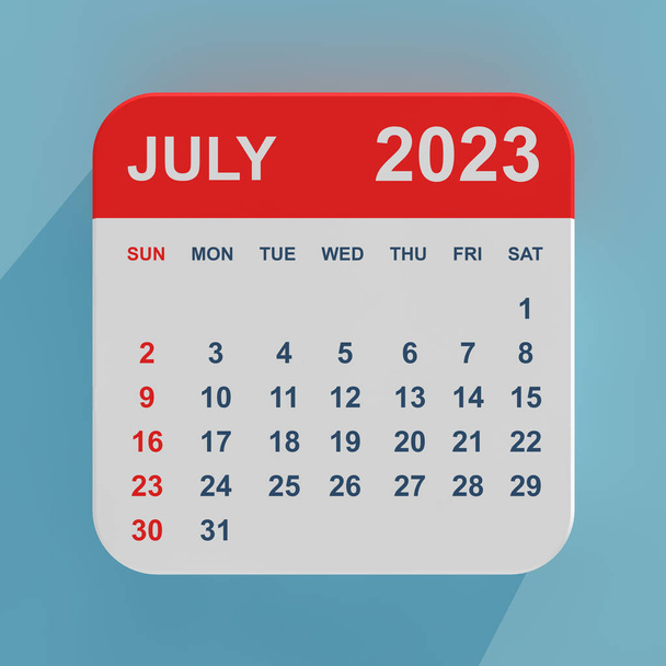 Icono plano Calendario Julio 2023 sobre fondo azul. Renderizado 3d - Foto, imagen