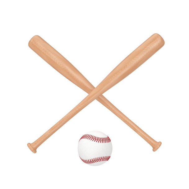 Valkoinen Baseball Ball ja puinen Bat valkoisella taustalla. 3d renderöinti  - Valokuva, kuva