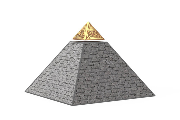 Pyramide en pierre avec haut doré Symbole maçonnique Tout voir oeil Pyramide Triangle sur un fond blanc. Rendu 3d  - Photo, image