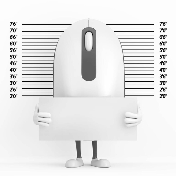 Computermaus Cartoon Person Charakter Maskottchen mit Erkennungsschild vor der Polizei Lineup oder Mugshot Hintergrund extreme Nahaufnahme. 3D-Darstellung - Foto, Bild