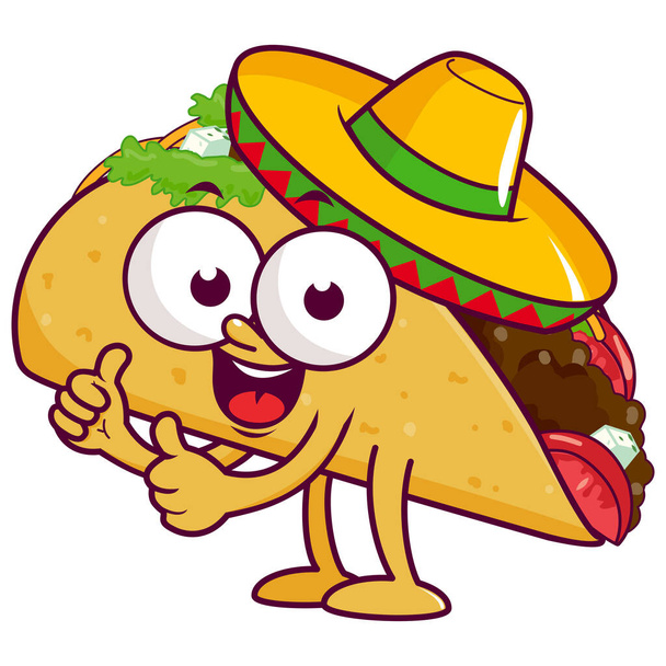 Cartoon Mexican taco character with sombrero hat. Vector illustration - Vector, imagen