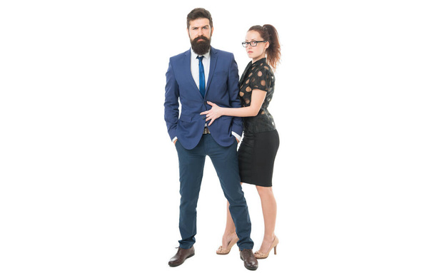 Modesty is key. Couple in classy fashion style. Business partners with fashion look. Fashion models in formalwear. Fashion and style. Dress code. Formal work attire. Looking professional. - Zdjęcie, obraz