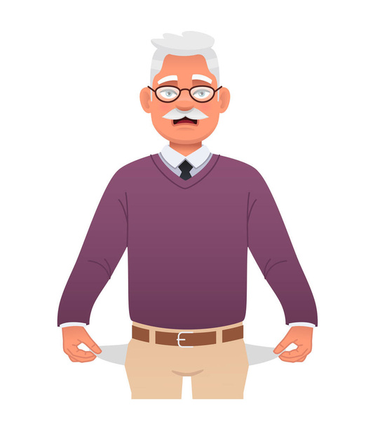 An elderly man with glasses with empty pockets. A grandfather with his pockets turned out. An old gray-haired man with no money. No money. Vector cartoon illustration on a white background. - Vetor, Imagem