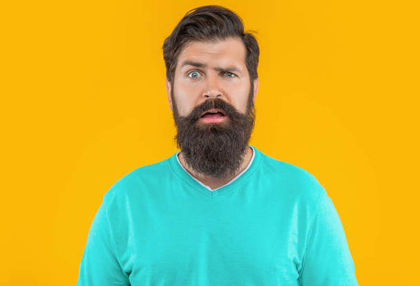 portrait of puzzled bearded man isolated on yellow studio background. - 写真・画像
