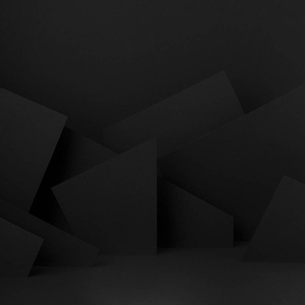 Mockup ricco palco nero con motivo geometrico astratto di angoli, forme poligonali e triangoli come rilievo per la presentazione di prodotti cosmetici, merci, pubblicità, design in stile futuristico, quadrato. - Foto, immagini