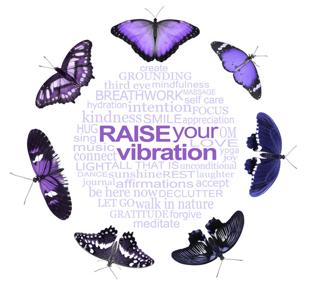 あなたを刺激し、あなたの振動を上げるための精神的な言葉紫色の蝶ウォールアート-精神性に関連する完璧な円形の単語の雲と7つの異なるライラック蝶に囲まれたあなたの振動を上げる                                - 写真・画像