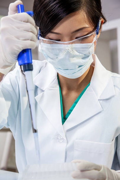 Chinese Asian woman female medical scientist, scientific researcher or doctor using a pipette and cell tray in a medical research lab or laboratory - Φωτογραφία, εικόνα