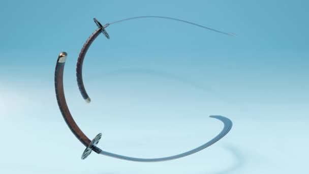 Rätselhafter Blade Dance: Abstrakte 3D-Loop-Animation von Dual-Katana-Schwertern, Deformationen und Rotationen entlang eines faszinierenden Pfades, Samurai, 3D-Render - Filmmaterial, Video