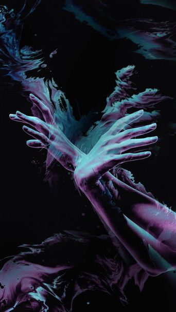 Art collage, design with neon hands for wallpapers, design, background. Vertical banner. Glitch effect. Abstract art in surrealism and futurism. Concept of minimalism and imagination. Blurred - Photo, Image