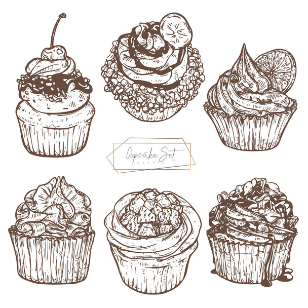 Cupcakes with fruits, berries and nuts with different toppings. Bakery. - ベクター画像