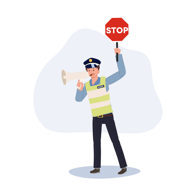 Un policía de tránsito sosteniendo señal de stop y hablando con megáfono. ilustración de dibujos animados vector plano - Vector, imagen