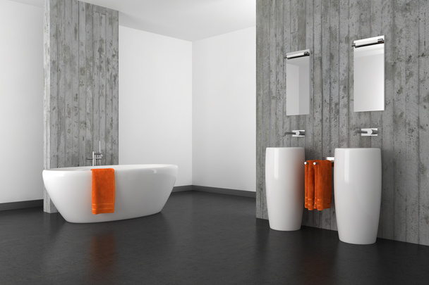 сучасна ванна кімната з бетонною стіною і темною підлогою
  - Фото, зображення