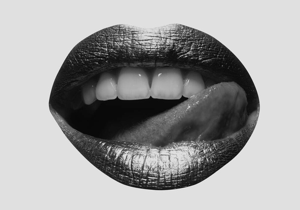 Red lips, mouth and tongue icon. Poster and banner of open mouth. Close-up woman licking lips. Female sexy mouth with tongue - Foto, imagen