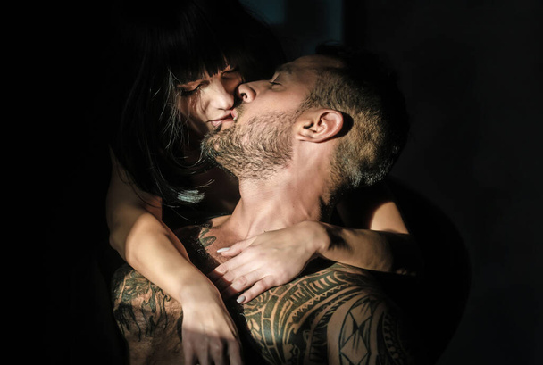 Kissing couple. Loving people, lovely couple in love. Seduction lovers - 写真・画像