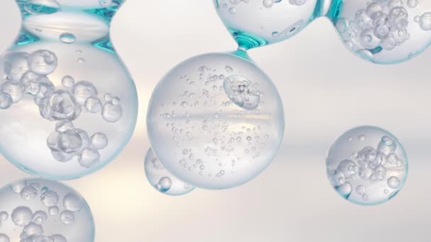 Нафтові бульбашки для косметики у воді. Блакитні рідкі бульбашки, потік рідини. Колаген, атоми плаваючі, зволожуюча крейда, Скін Серум, Вітамін, концепція краси, 3d візуалізація - Кадри, відео
